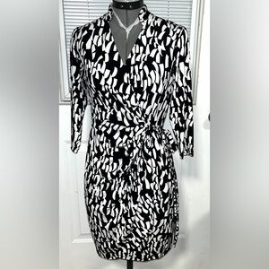 Maggy London Black and White Midi Wrap Dress